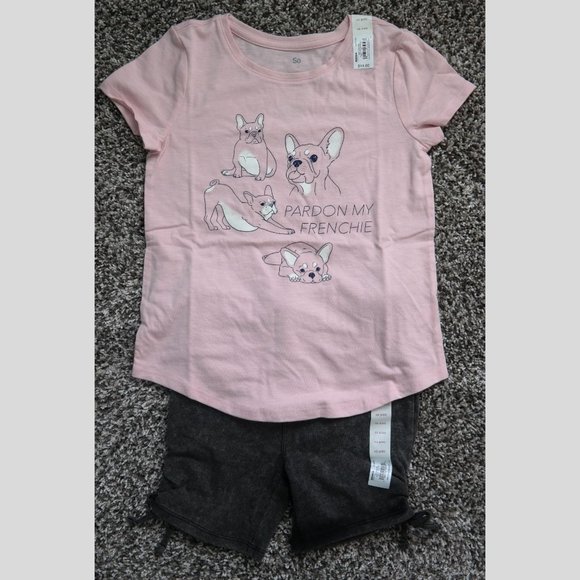 SO Other - So Girls XS (6/6x) Pink Frenchie Top & Blk Mineral Washed Side Cinch Bike Shorts